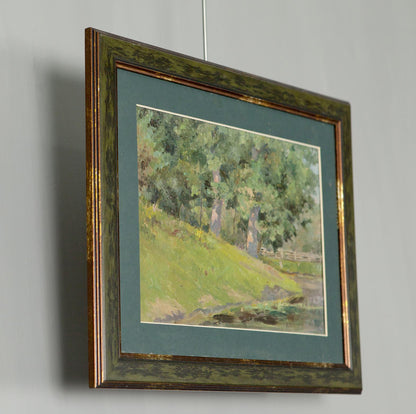 Oil painting Oaks by the Pond in distressed gold frame