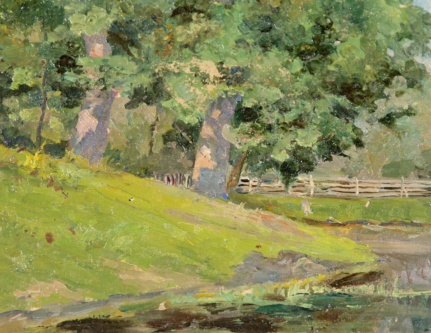 Oil painting Oaks by the Pond: lush green trees on grassy hillside