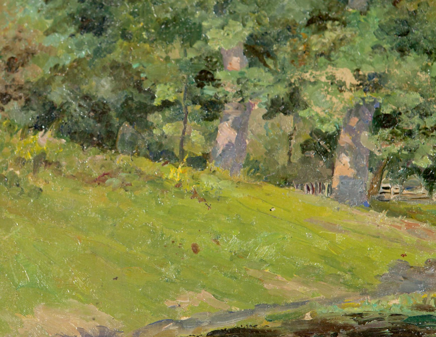 Oil painting Oaks by the Pond lush impressionistic landscape with oaks and foliage