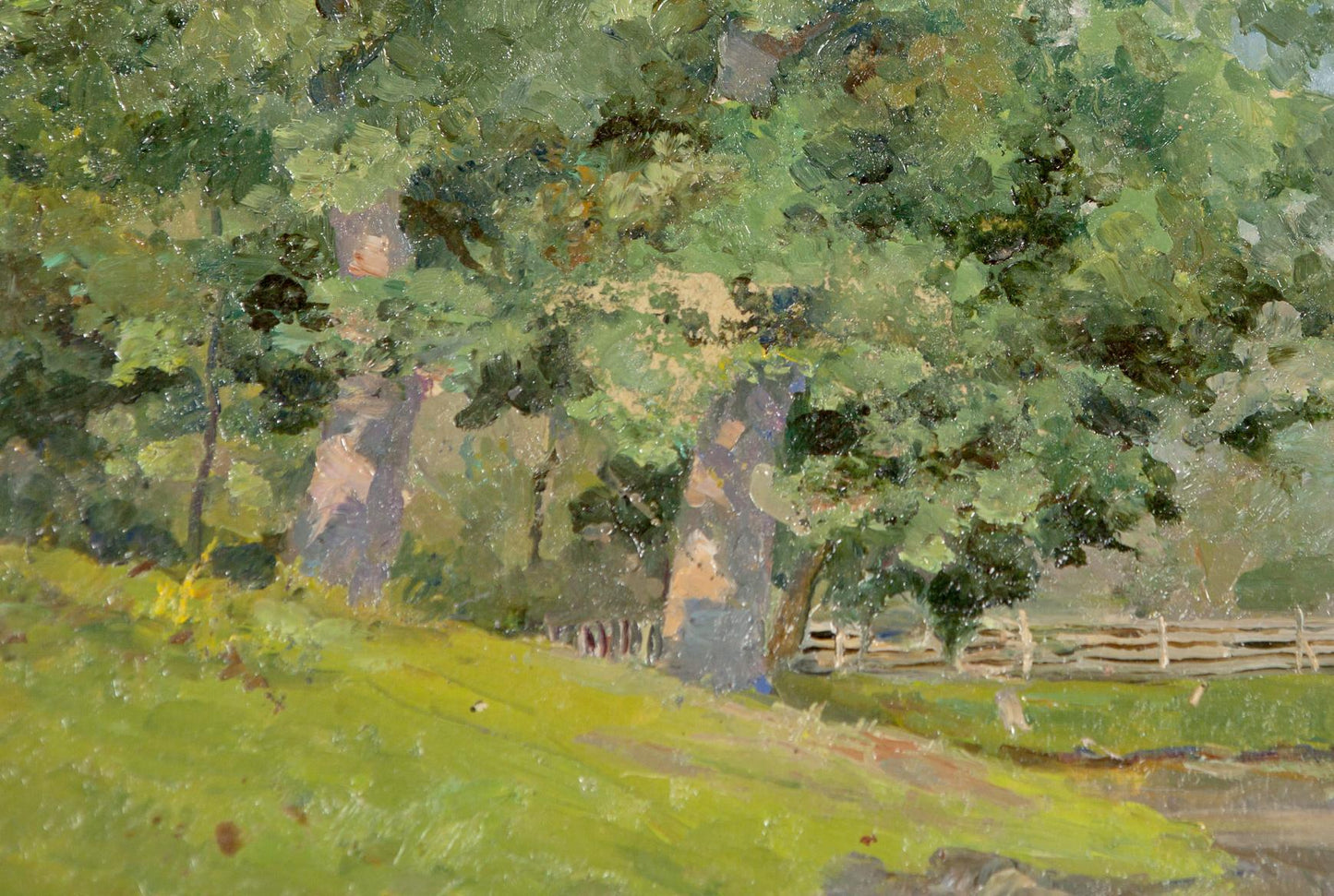 Oil painting Oaks by the Pond: sunlit forest with lush green foliage