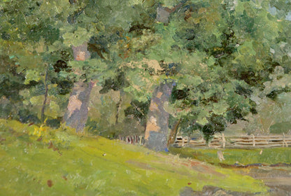 Oil painting Oaks by the Pond: sunlit forest with lush green foliage