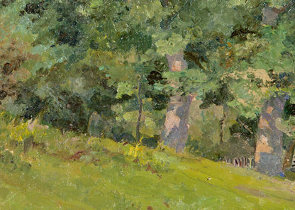 Oil painting Oaks by the Pond: sunlit forest with lush green foliage