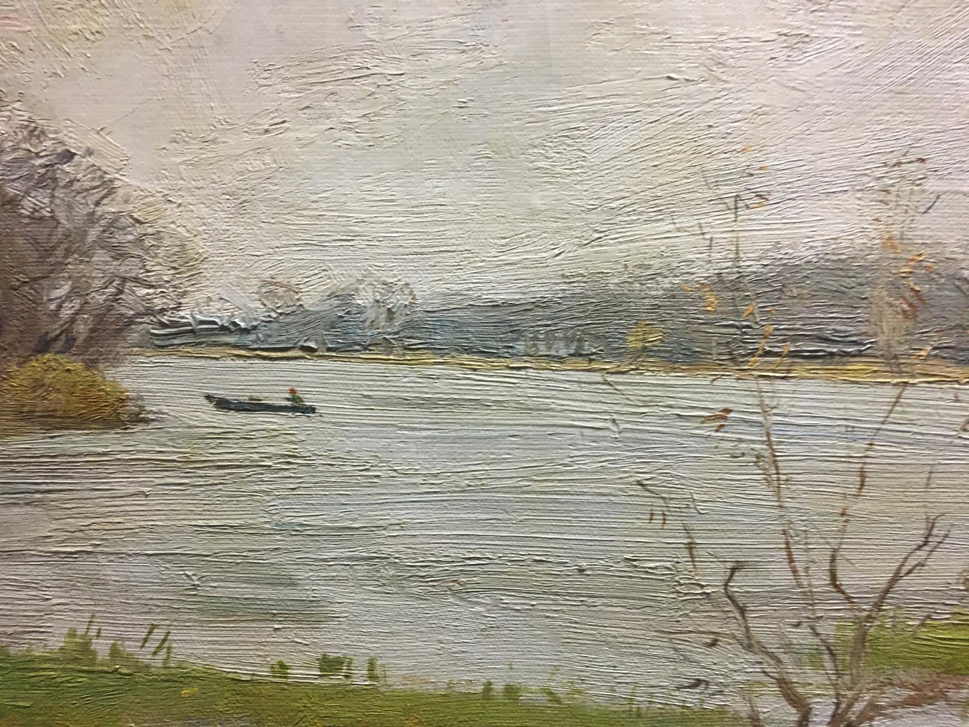 Textured oil painting of swamp landscape rowboat by Grigoryev Sergey Alekseevich