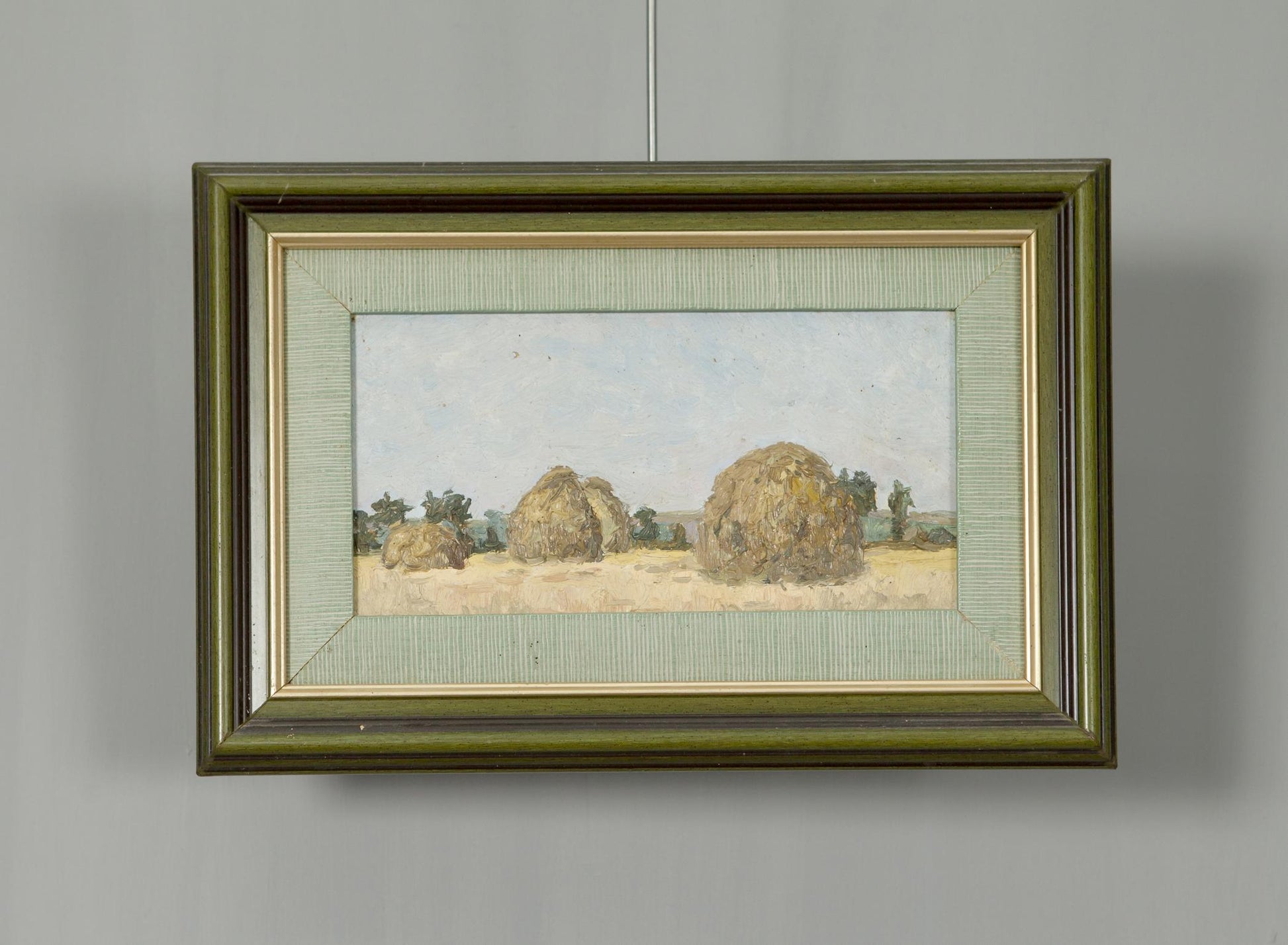 Framed watercolor of three golden hay bales in field, Antique Landscape in Oil