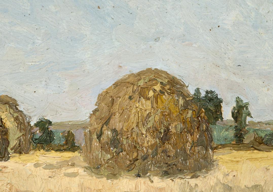 Textured golden-brown hay bale in Antique Landscape in Oil painting