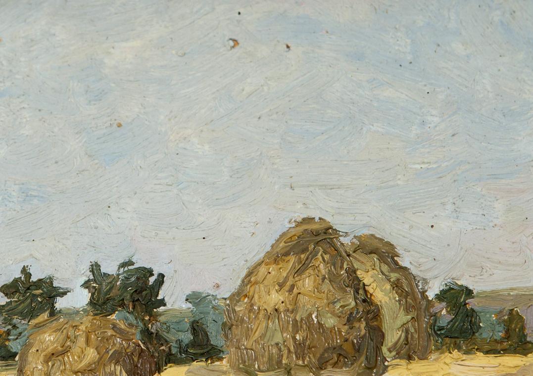 Antique Landscape in Oil: textured golden-brown hay bale under pale blue sky