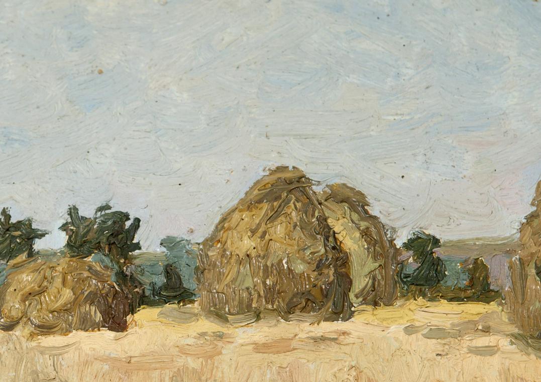 Antique Landscape in Oil: golden-brown hay bale in sunlit field