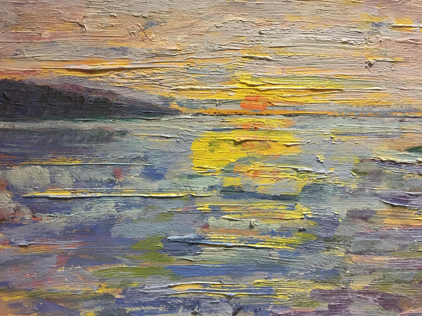 Textured impasto oil painting Morning Les T. S. sunset over water