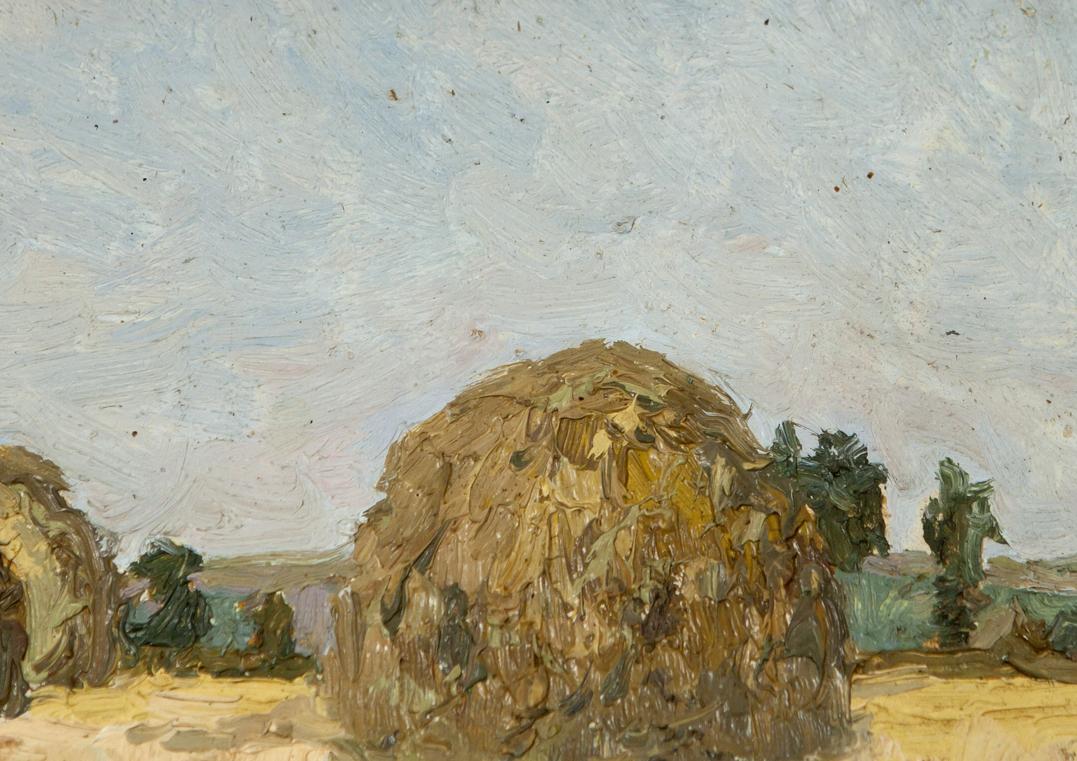 Textured golden-brown hay bale in Antique Landscape in Oil painting