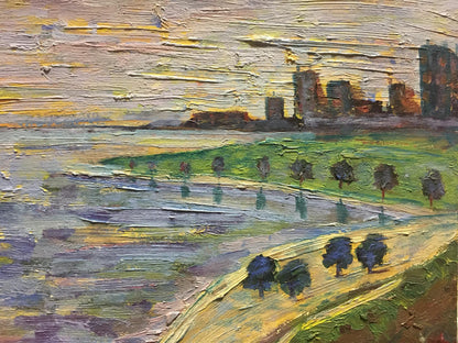 Impressionistic oil painting Morning Les T. S. landscape with green fields