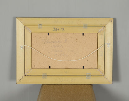 Back of pale yellow wooden frame for Antique Landscape in Oil painting