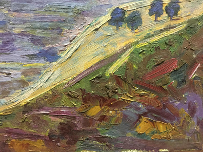 Textured impressionist oil painting Morning Les T. S. rolling hillside
