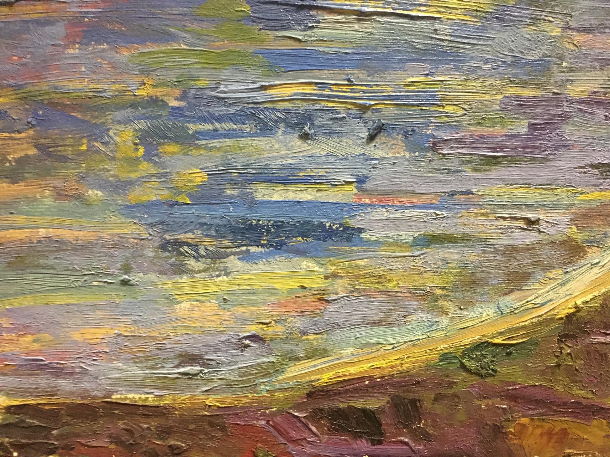Oil painting Morning Les T. S. with bold impasto yellow blue earthy strokes