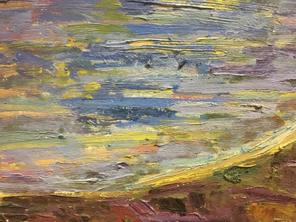 Oil painting Morning Les T. S. with bold impasto yellow blue earthy strokes