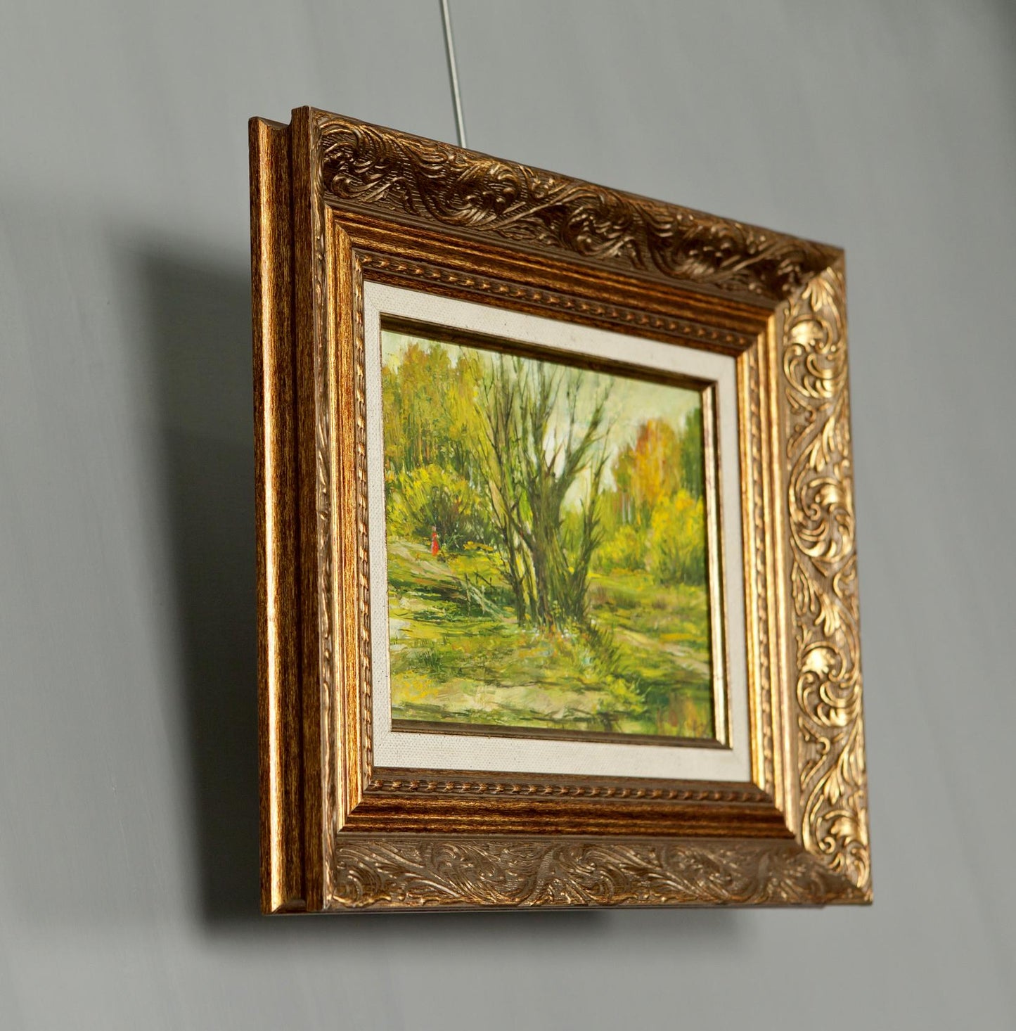 Oil painting In the Forest: ornate gold-framed lush autumn forest scene