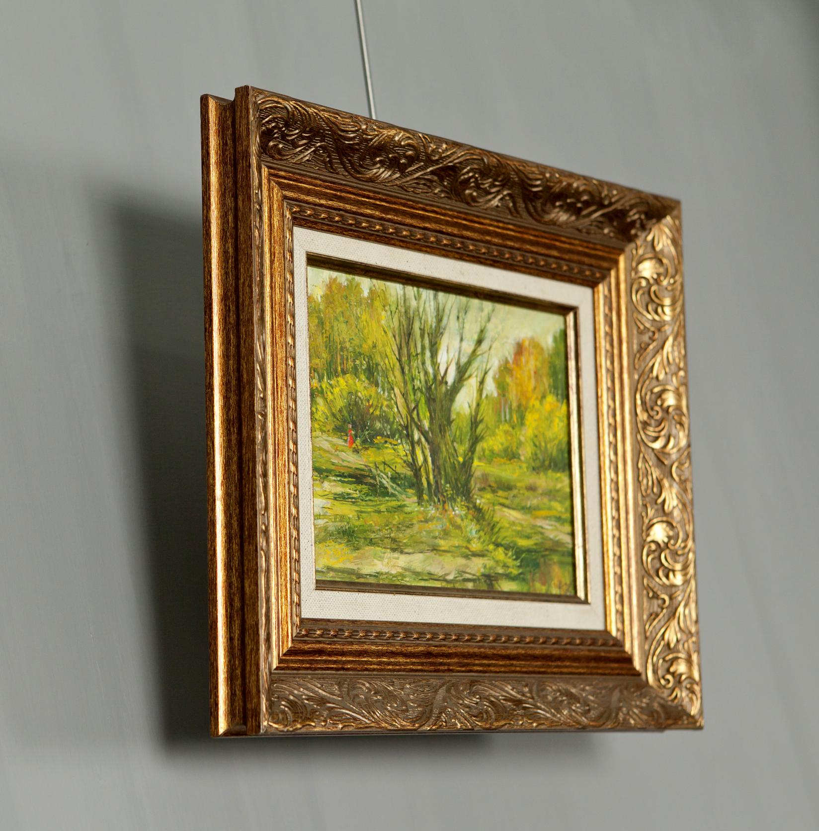 Oil painting In the Forest: ornate gold-framed lush autumn forest scene