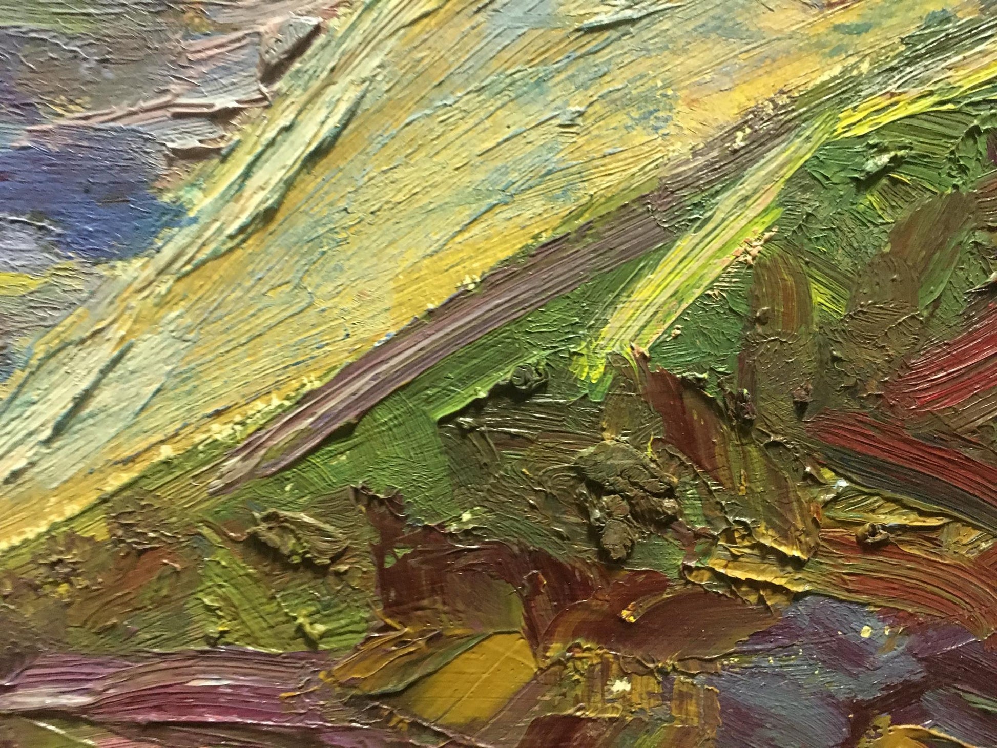 Oil painting Morning Les T. S. with thick impasto yellow, green, brown strokes