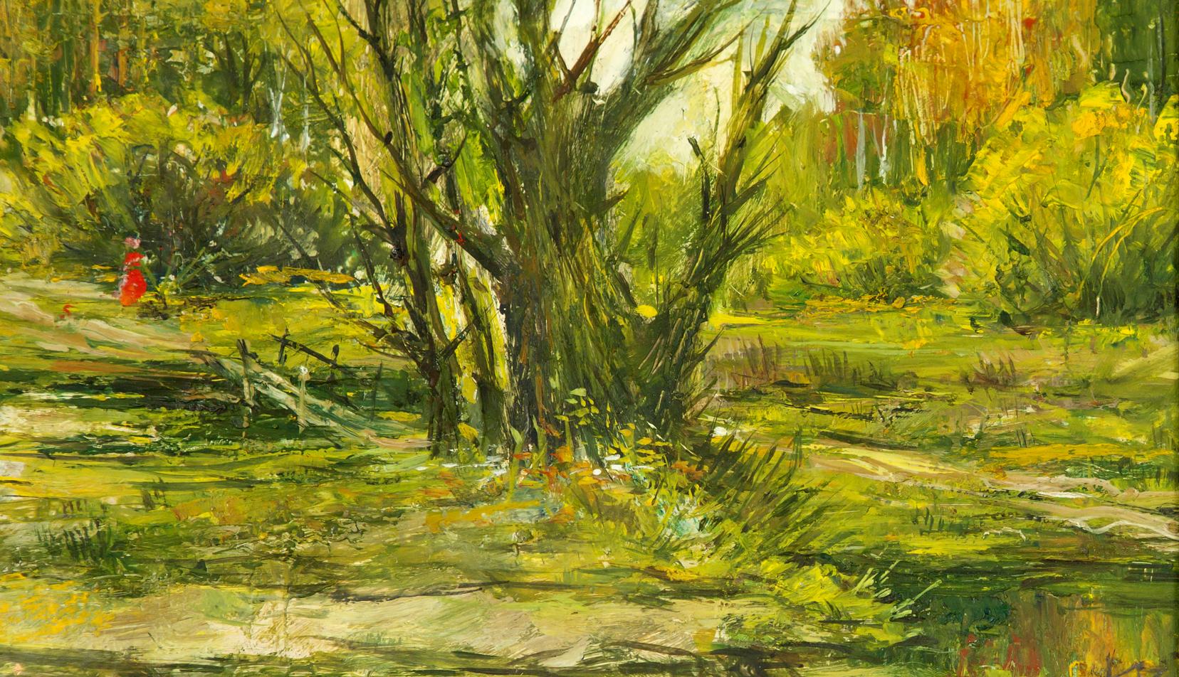 Vibrant impressionist oil painting in the forest with gnarled tree and golden backdrop