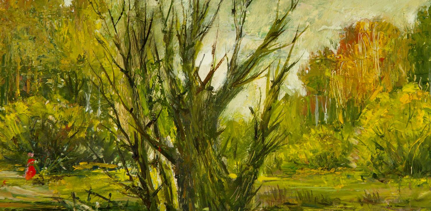 Vibrant impressionistic oil painting In the Forest with gnarled tree and lush foliage