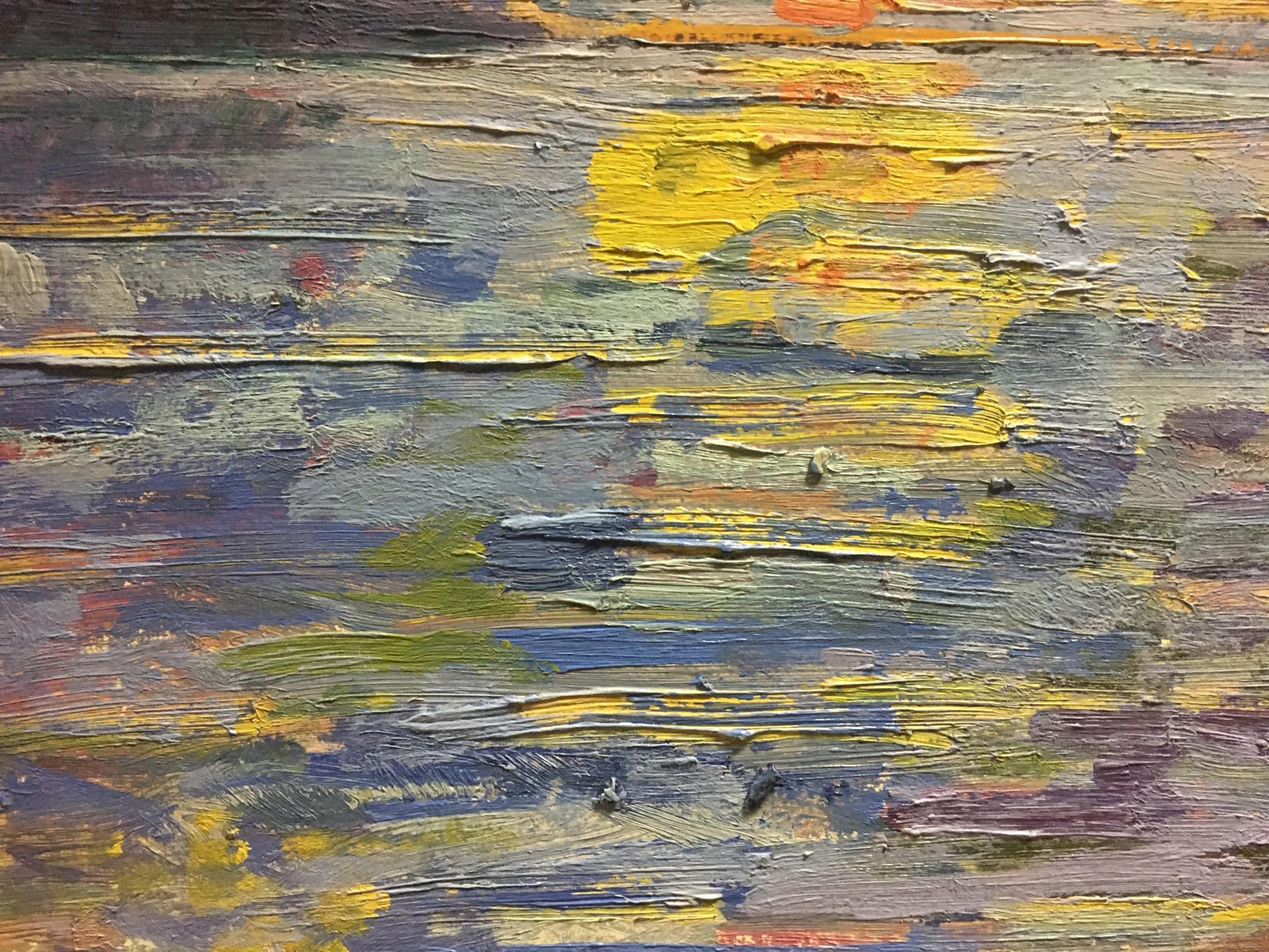 Abstract expressionist oil painting Morning Les T. S. with textured yellow gray blue green strokes