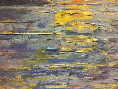 Abstract expressionist oil painting Morning Les T. S. with textured yellow gray blue green strokes