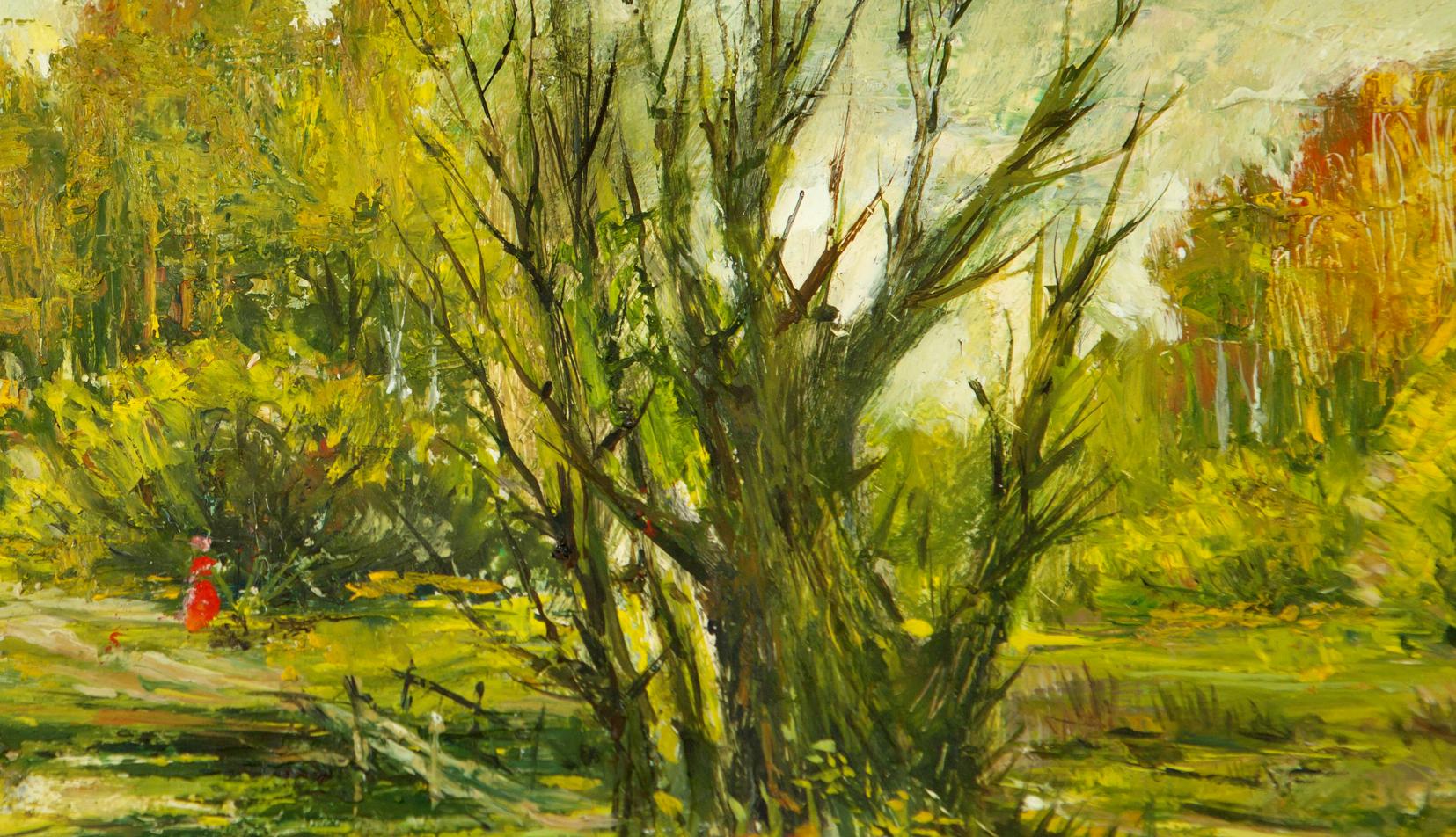 Vibrant impressionistic oil painting in the forest with gnarled tree and lush foliage