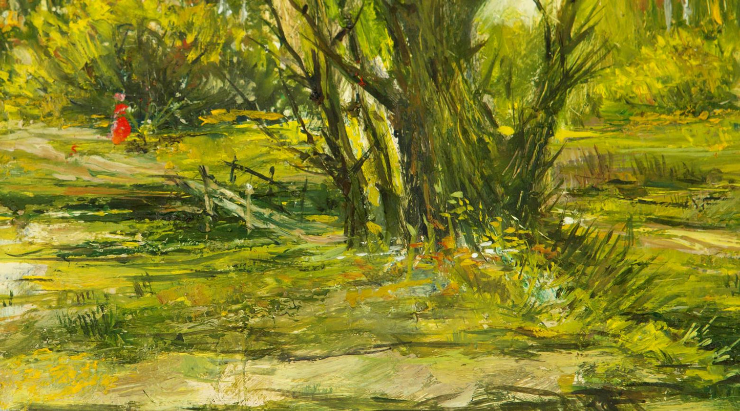 Vibrant oil painting In the Forest: sunlit path with figure in red