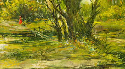 Vibrant oil painting In the Forest: sunlit path with figure in red