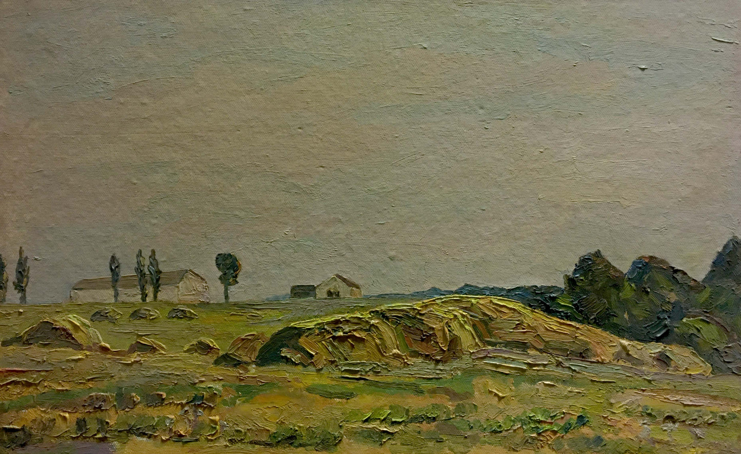 Impressionistic oil painting of rolling hills, distant village, textured strokes