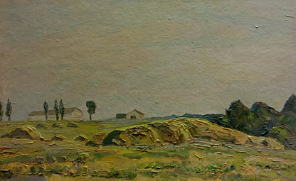 Impressionistic oil painting of rolling hills, distant village, textured strokes