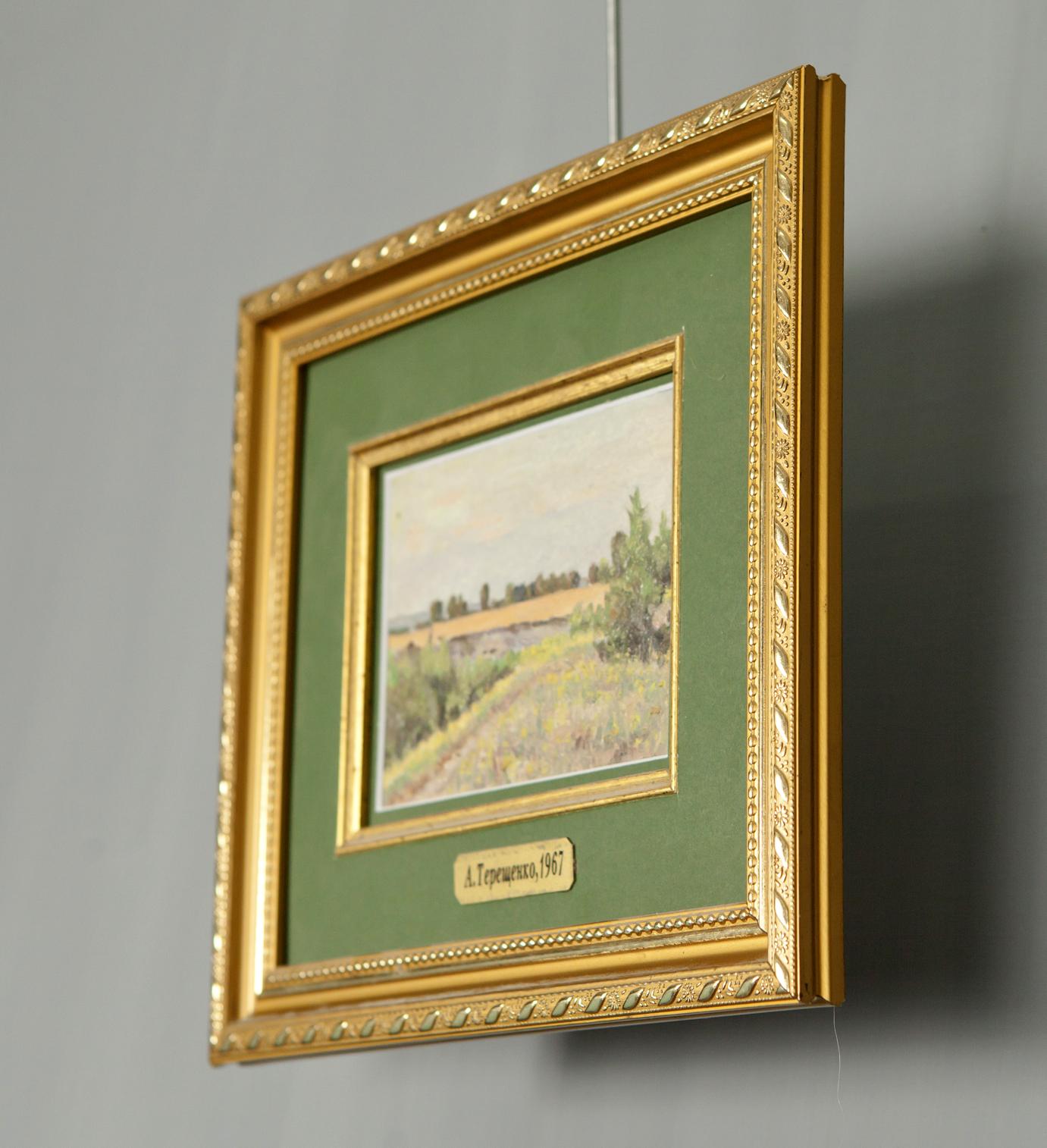 Gold-framed watercolor pastoral landscape by Tereshchenko Anatoly Grigorievich