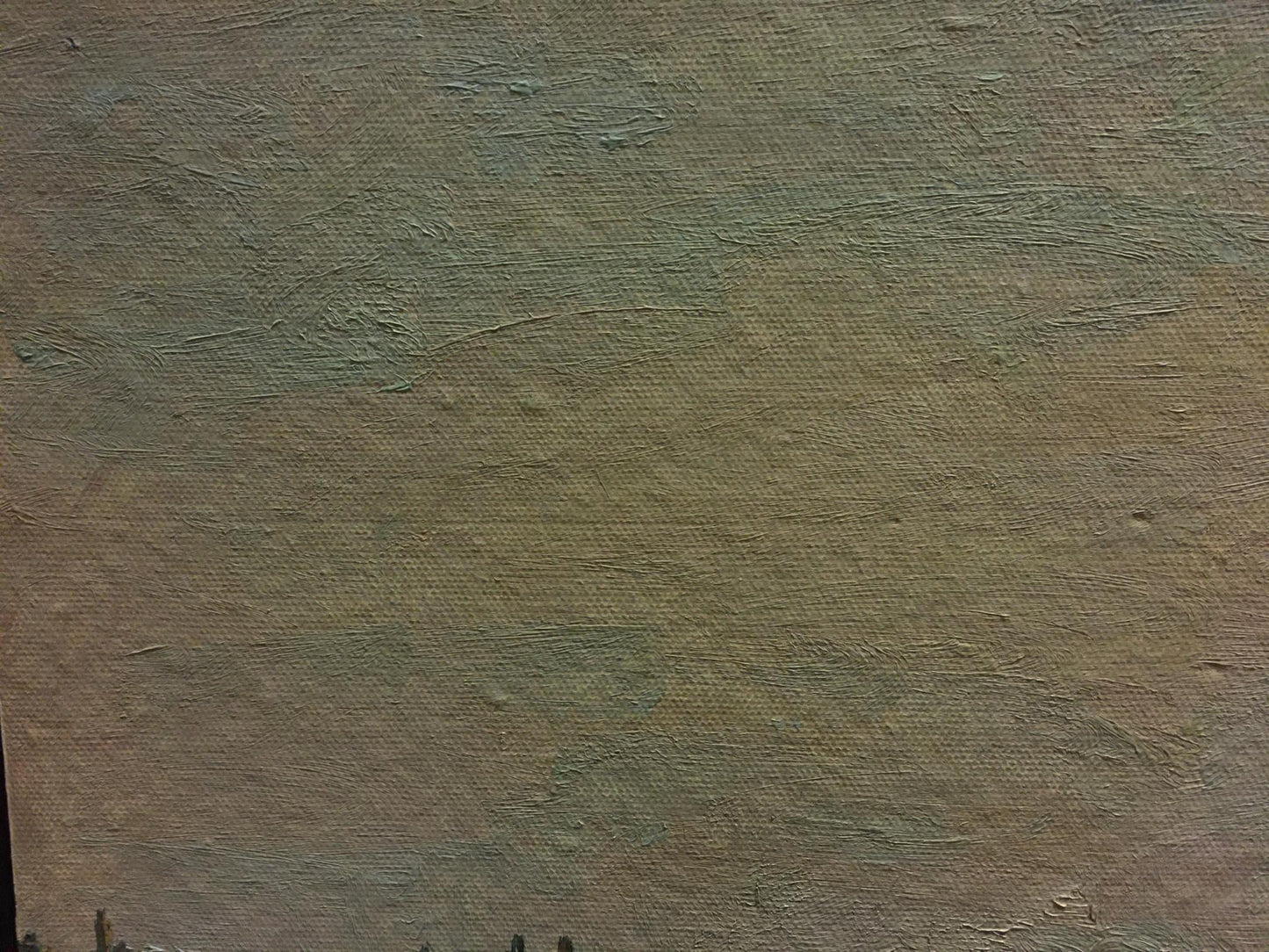 Textured oil painting of landscape and distant village in earth tones