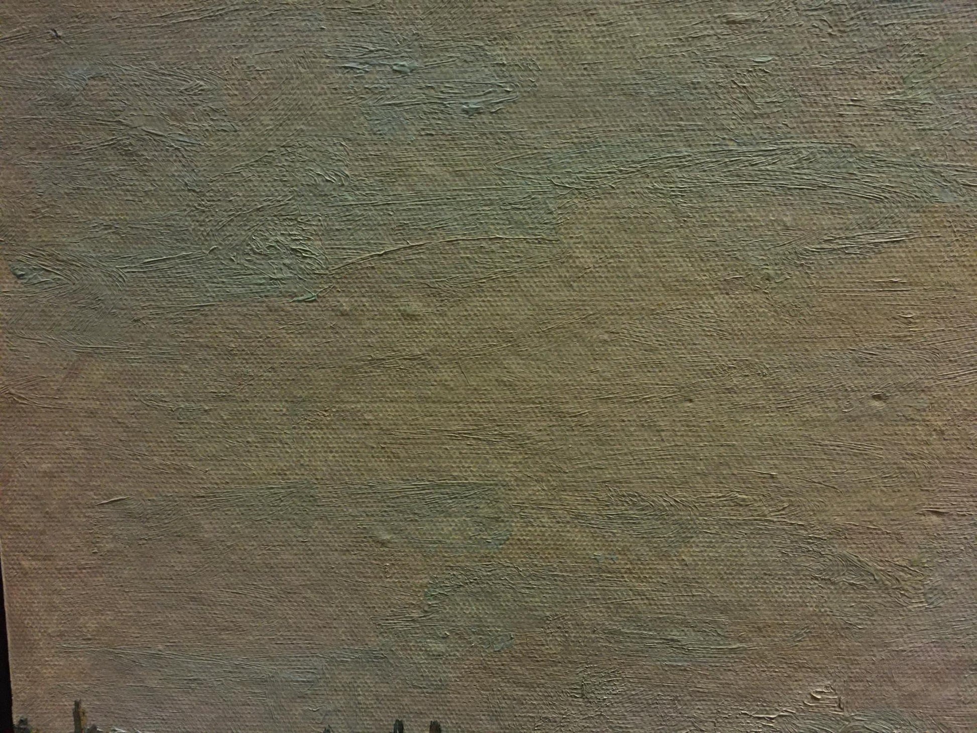 Textured oil painting of landscape and distant village in earth tones