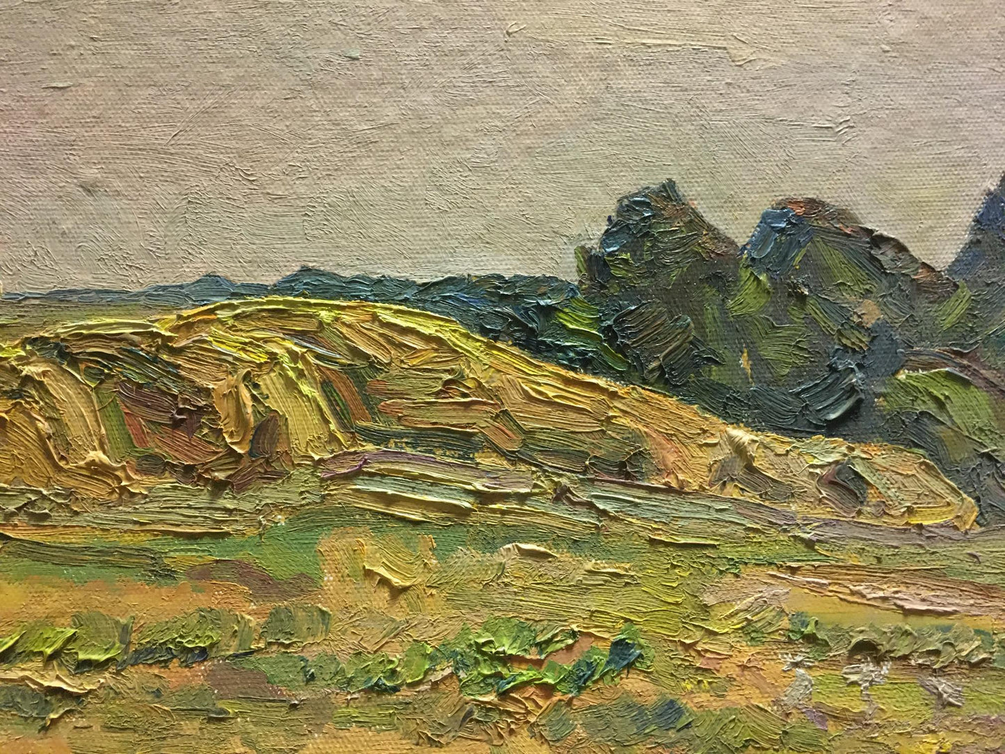 Textured oil painting of rolling green hills, distant village under muted sky