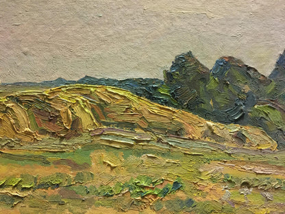 Textured oil painting of rolling green hills, distant village under muted sky