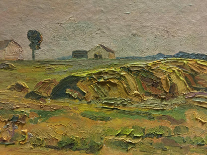 Textured oil painting of rural landscape, village in distance, solitary tree