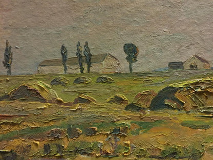 Impressionistic oil painting of rural landscape and distant village