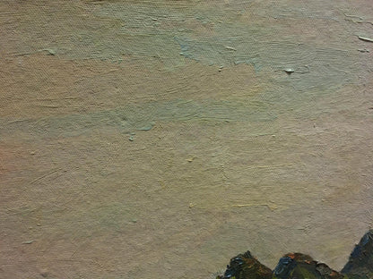 Textured oil painting of landscape and village in muted earth tones