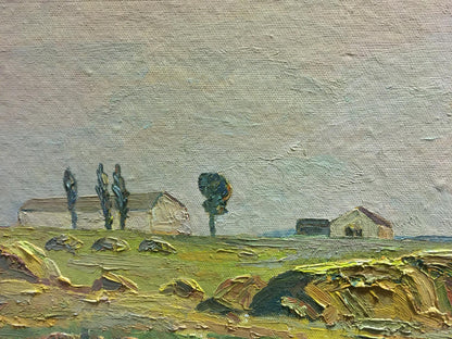 Textured oil painting of rural landscape with village, muted greens and grays