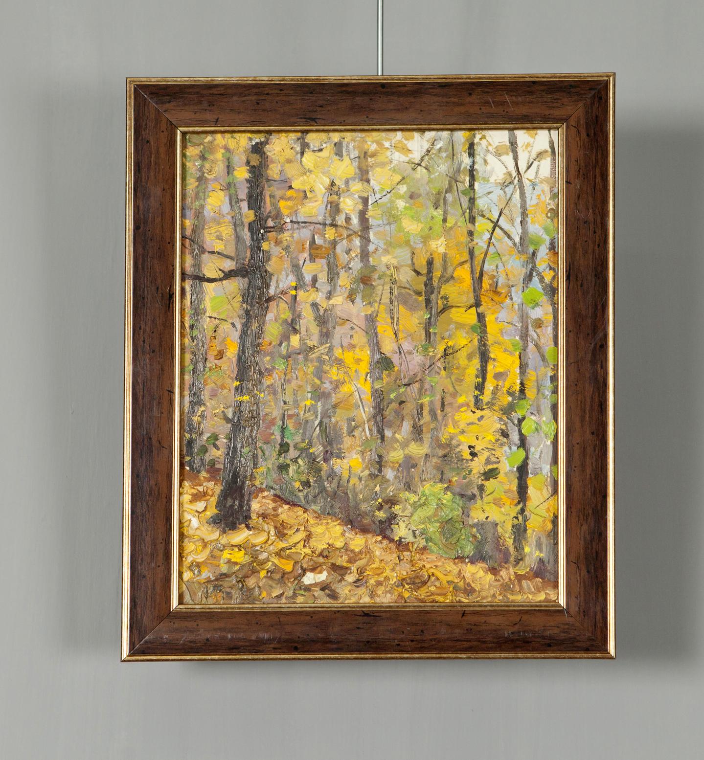 Autumn Landscape antique original oil painting in square gold-trimmed frame