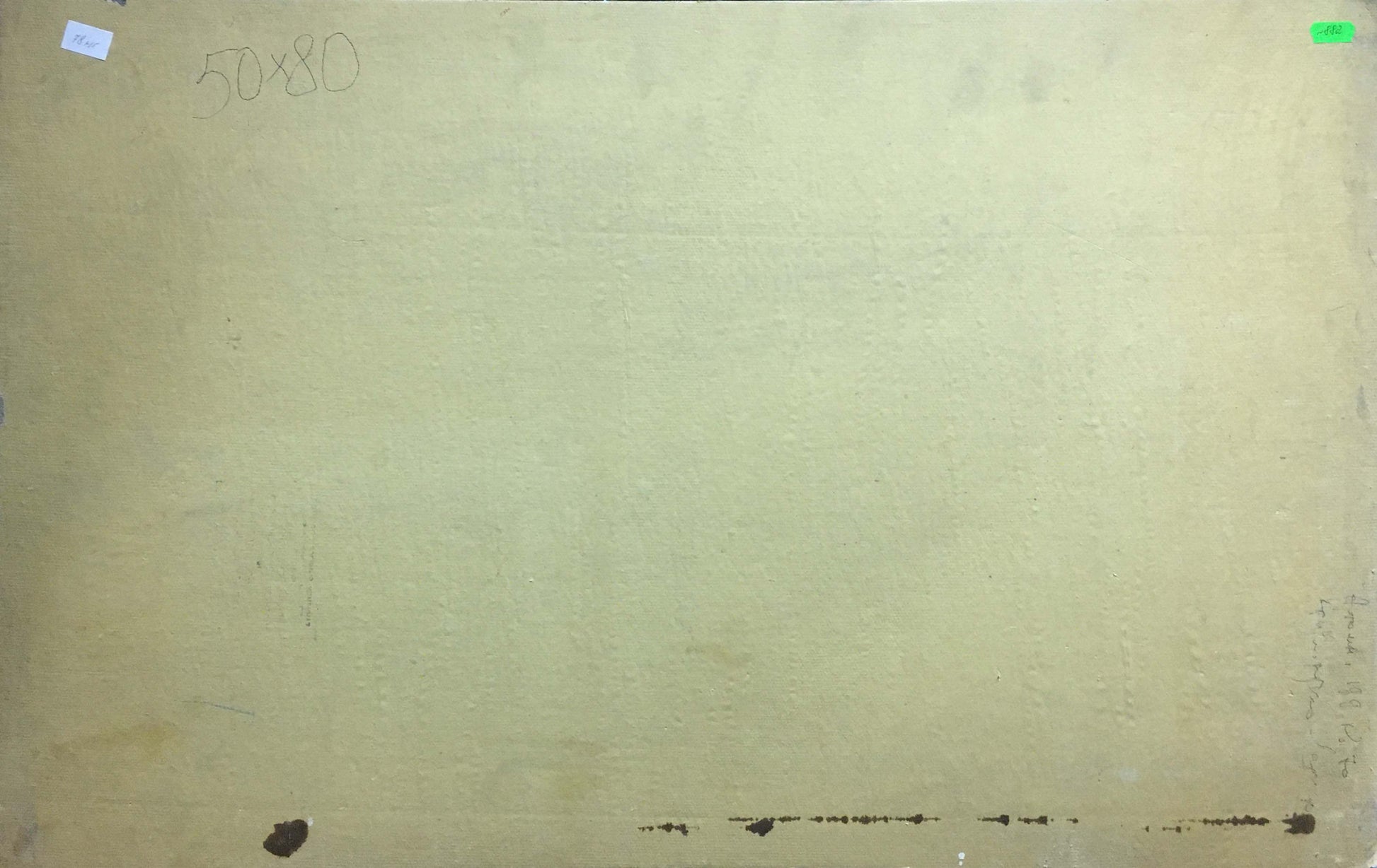 Back of beige textured canvas with pencil marks and corner labels for oil painting landscape by unknown artist