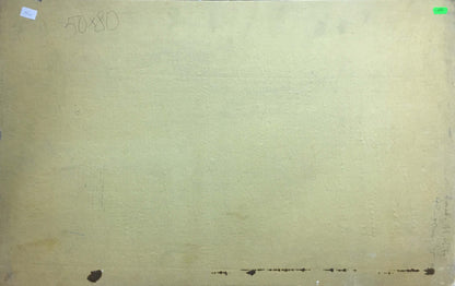 Back of beige textured canvas with pencil marks and corner labels for oil painting landscape by unknown artist
