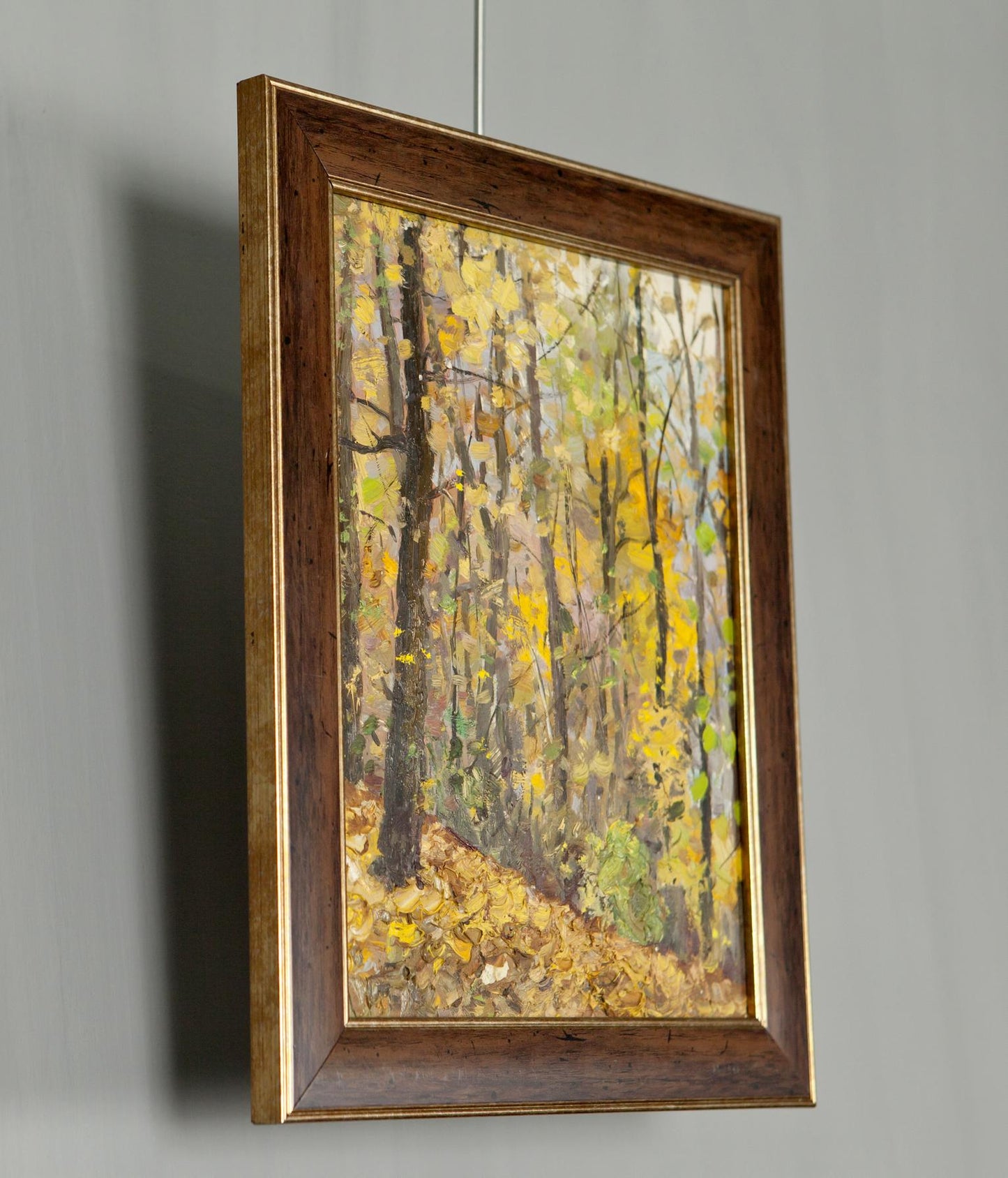 Autumn Landscape antique original oil painting in dark wood frame