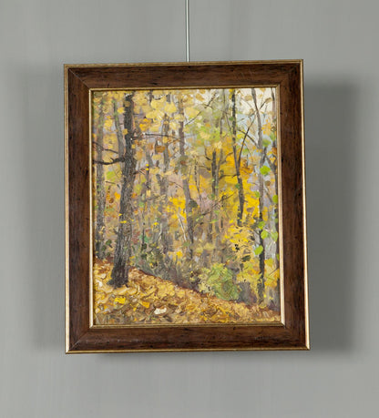 Autumn Landscape antique original oil painting in rustic gold-trim frame