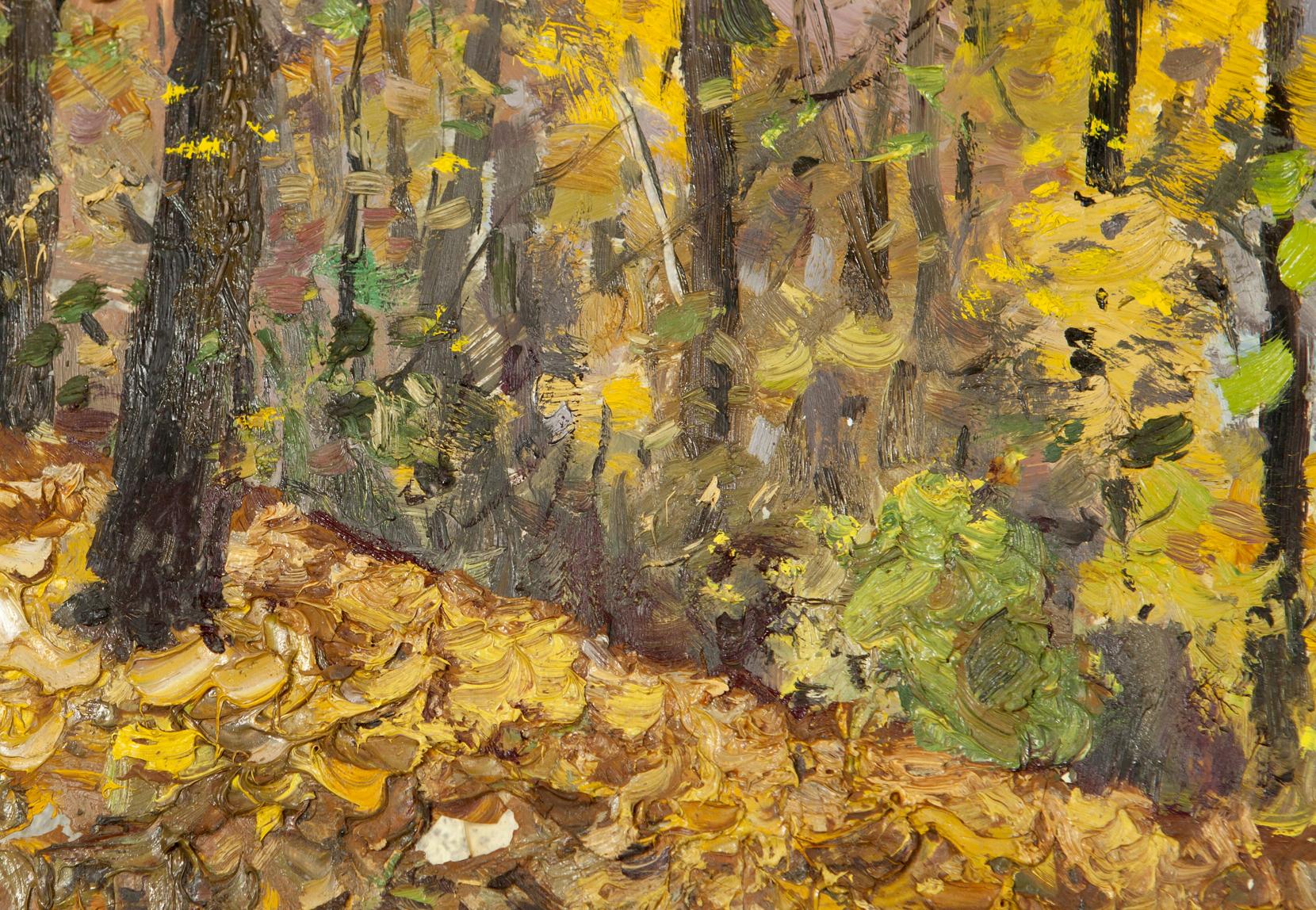 Autumn Landscape antique original oil painting of vibrant forest floor leaves