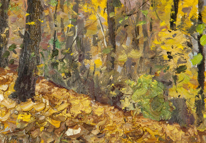 Autumn Landscape antique original oil painting of vibrant forest floor leaves