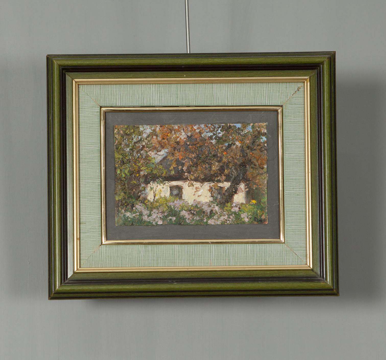 Oil painting by Ivan Tsyupka: evening over rustic white cottage in autumn foliage, green gold frame