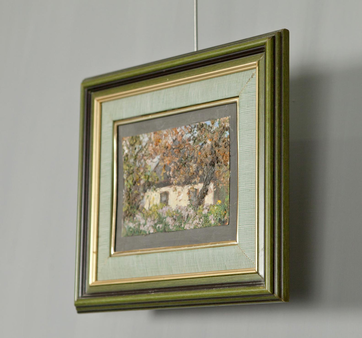 Oil painting Evening Over My House by Ivan Tsyupka in green square frame