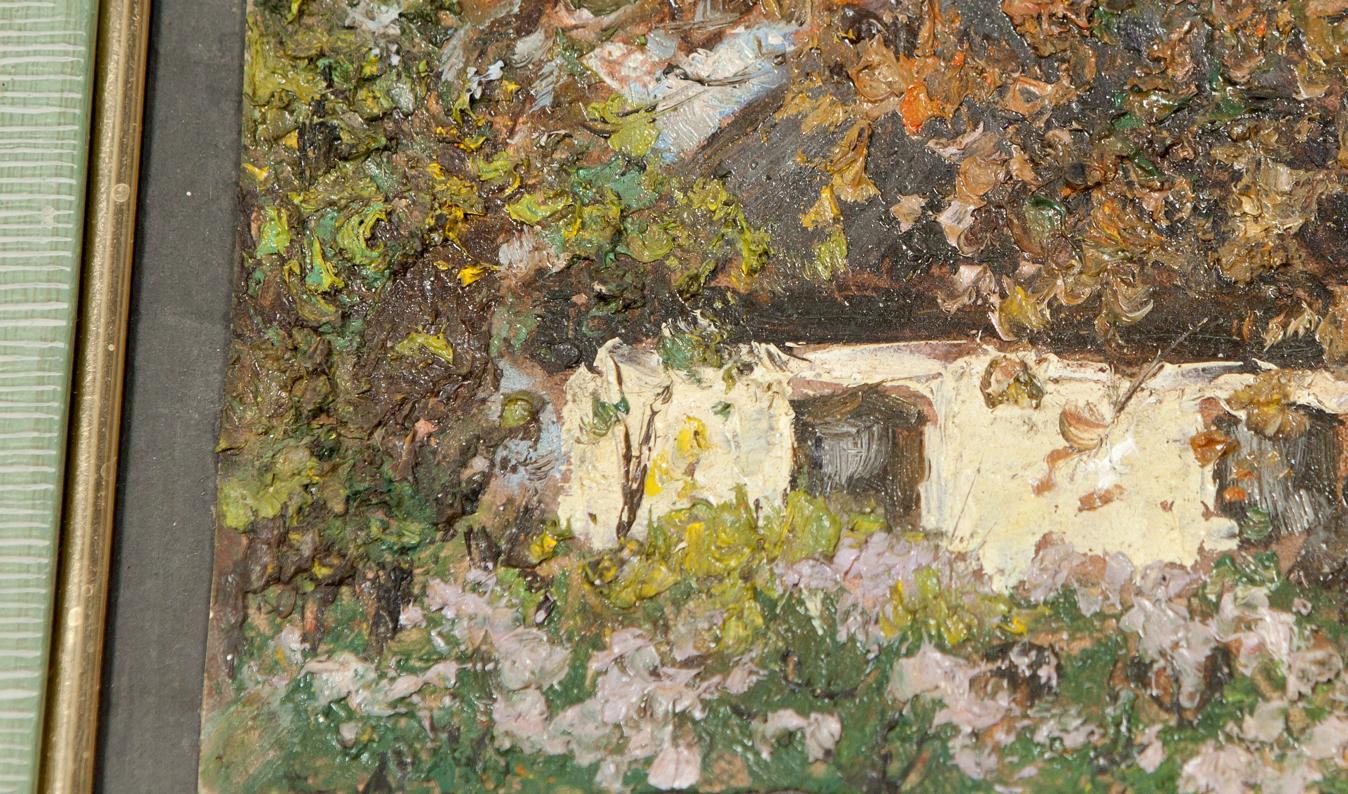 Textured impressionistic oil painting by Ivan Tsyupka of evening over rustic white cottage in lush greenery and autumn foliage