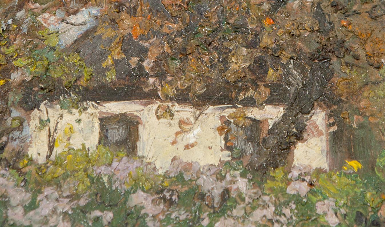 Oil painting by Ivan Tsyupka: weathered white stone cottage under foliage